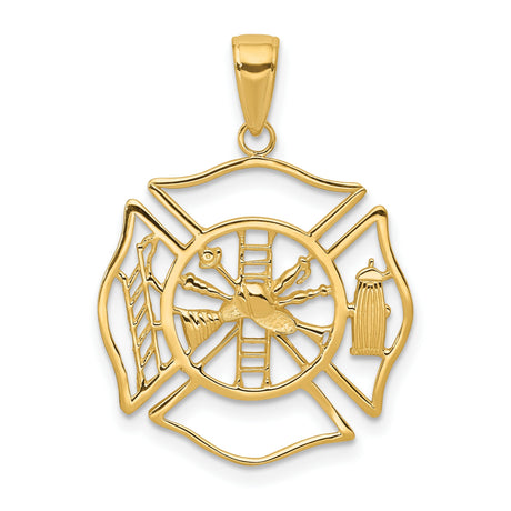 10k Yellow Gold Firefighter Maltese Cross Pendant with Helmet, Ladder, Hydrant, Trumpet Symbols