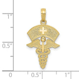 10k Yellow Gold Nurse Pendant with Caduceus Symbol and Nurse Cap Cutout Cross