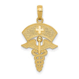 10k Yellow Gold Nurse Pendant with Caduceus Symbol and Nurse Cap Cutout Cross