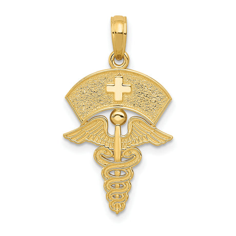 10k Yellow Gold Nurse Pendant with Caduceus Symbol and Nurse Cap Cutout Cross