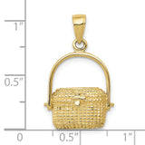 10k Yellow Gold Basket Pendant Charm, Textured Wicker Picnic Style, Artisan Woven Design