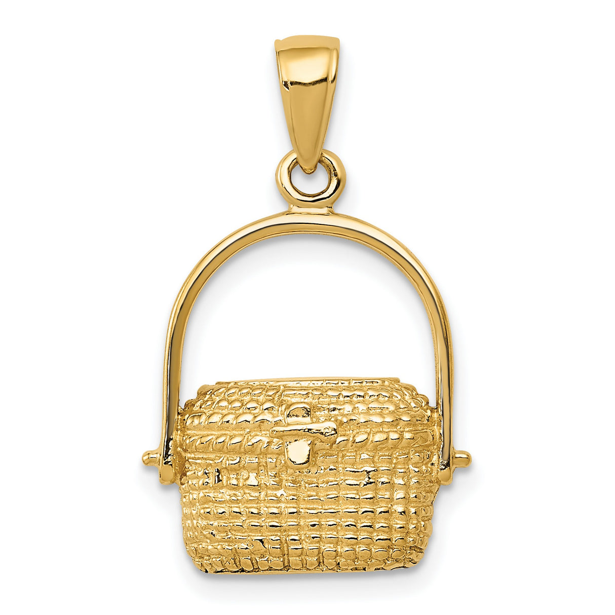 10k Yellow Gold Basket Pendant Charm, Textured Wicker Picnic Style, Artisan Woven Design