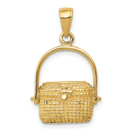 10k Yellow Gold Basket Pendant Charm, Textured Wicker Picnic Style, Artisan Woven Design