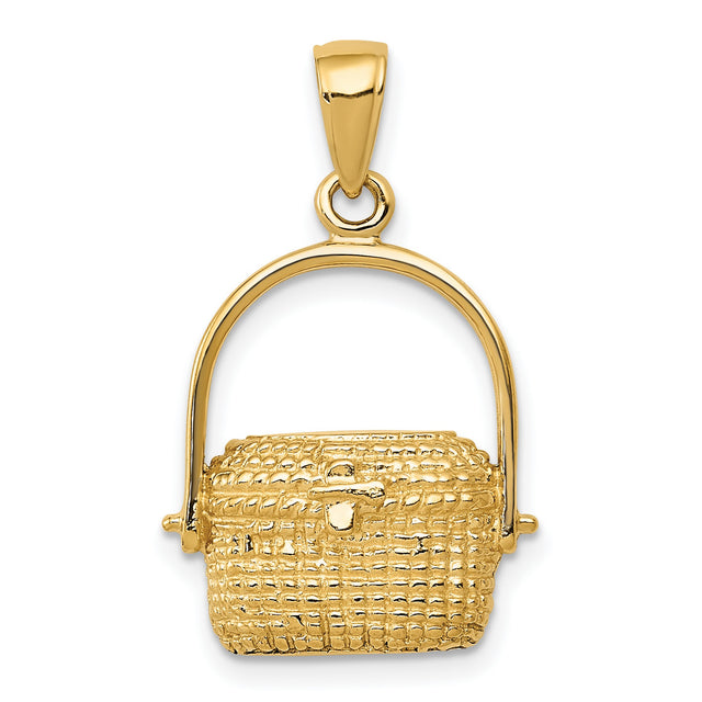 10k Yellow Gold Basket Pendant Charm, Textured Wicker Picnic Style, Artisan Woven Design