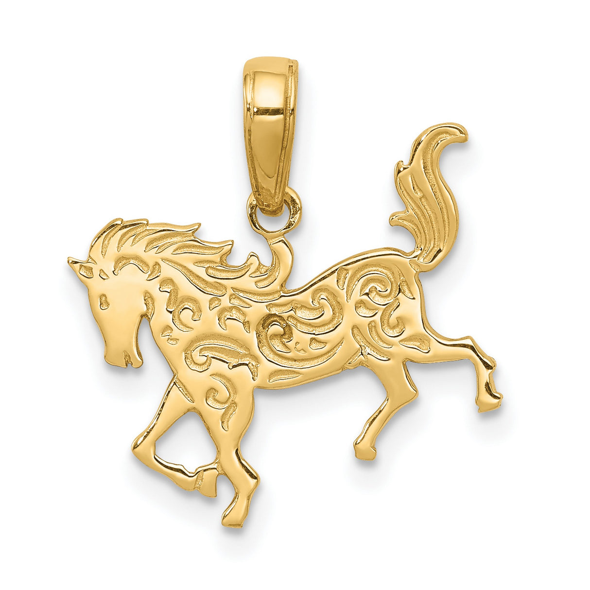 10k Yellow Gold Horse Pendant with Scroll Detailing, Western Equestrian Theme