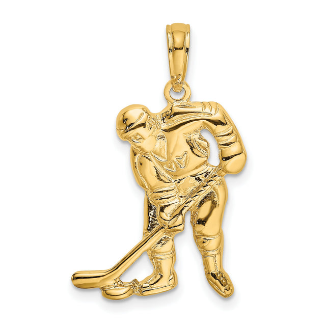 10k Yellow Gold Hockey Player Pendant with Stick and Puck, Sports Charm for Men or Unisex Fans