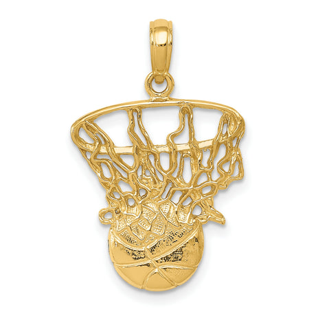 10k Yellow Gold Basketball Pendant with Hoop and Net Design, Urban Sports Style Charm