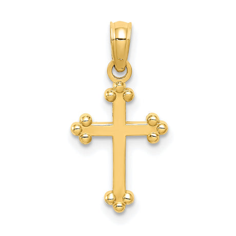 10k Yellow Gold Budded Cross Pendant, Polished Religious Charm for Men and Women