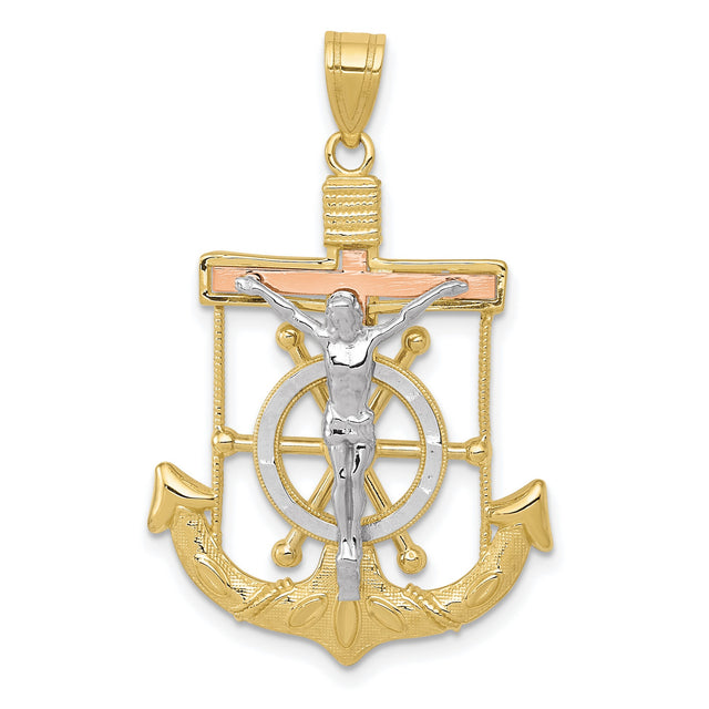 Diamond-cut with Textured Mariners Cross Charm Pendant in Real 10k Multi-Tone Gold