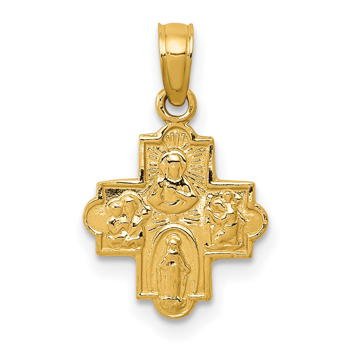 10k Yellow Gold Cross Pendant with Virgin Mary and Angels, Catholic Medallion Jewelry
