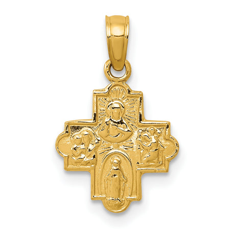 10k Yellow Gold Cross Pendant with Virgin Mary and Angels, Catholic Medallion Jewelry