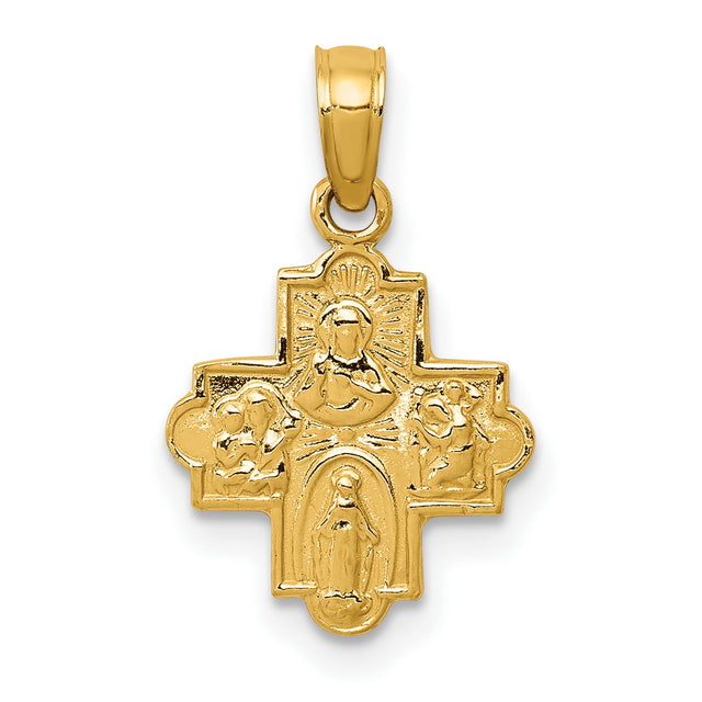 10k Yellow Gold Cross Pendant with Virgin Mary and Angels, Catholic Medallion Jewelry
