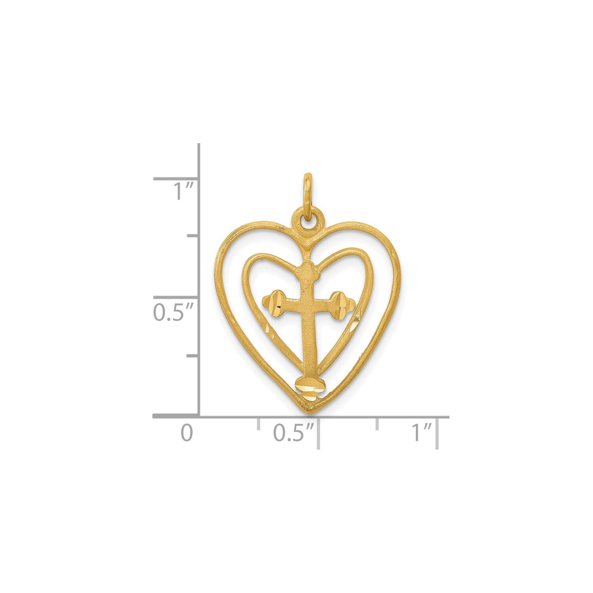 10k Yellow Gold Cross Pendant with Open Heart and Diamond Accent, Textured Brushed Finish