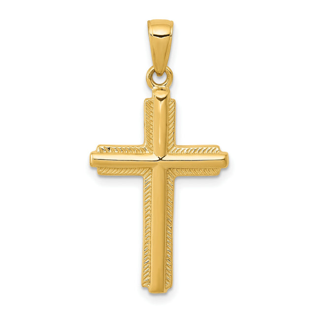 Cross with Striped Border Charm Pendant in Real 10k Yellow Gold