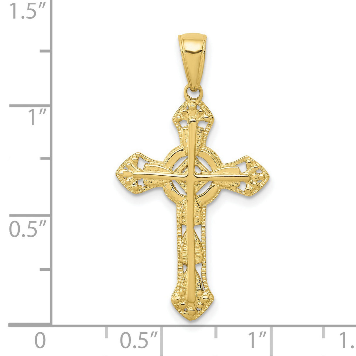 10k Yellow Gold Cross Pendant with Filigree Design and Polished Curved Edges for Men and Women