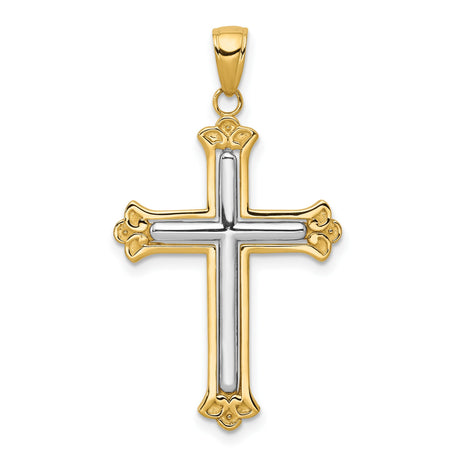 10k Two-Tone Gold Cross Pendant with Budded Yellow Frame and Rhodium Accent