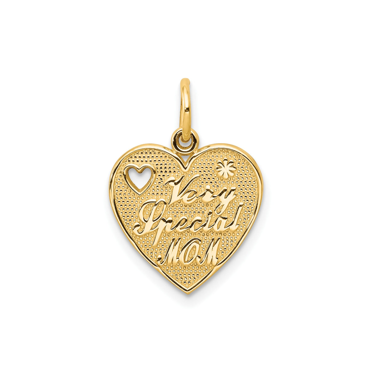 10k Yellow Gold Heart Pendant with Cutout Heart, Flower, and Mom Message for Women