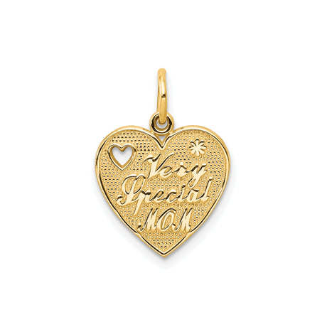 10k Yellow Gold Heart Pendant with Cutout Heart, Flower, and Mom Message for Women