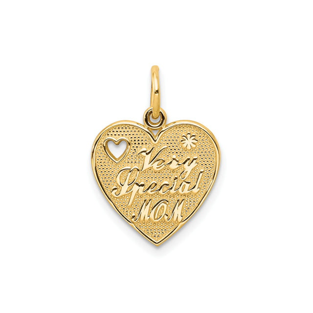 10k Yellow Gold Heart Pendant with Cutout Heart, Flower, and Mom Message for Women
