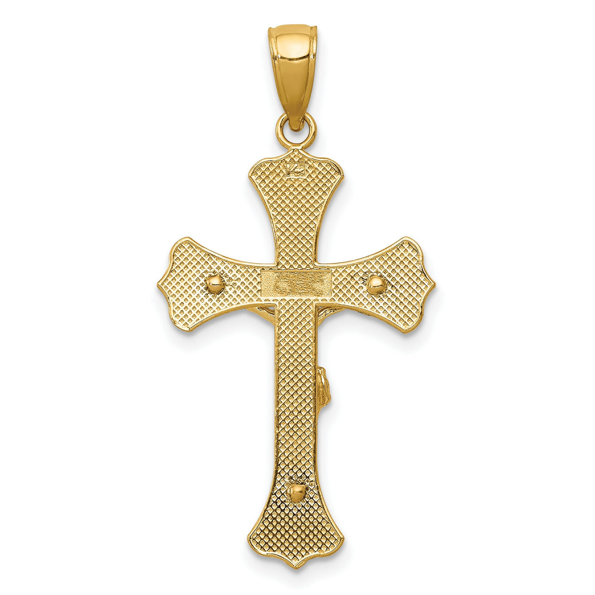 10k Yellow Gold Crucifix Pendant with Detailed Christ Figure and Filigree Design