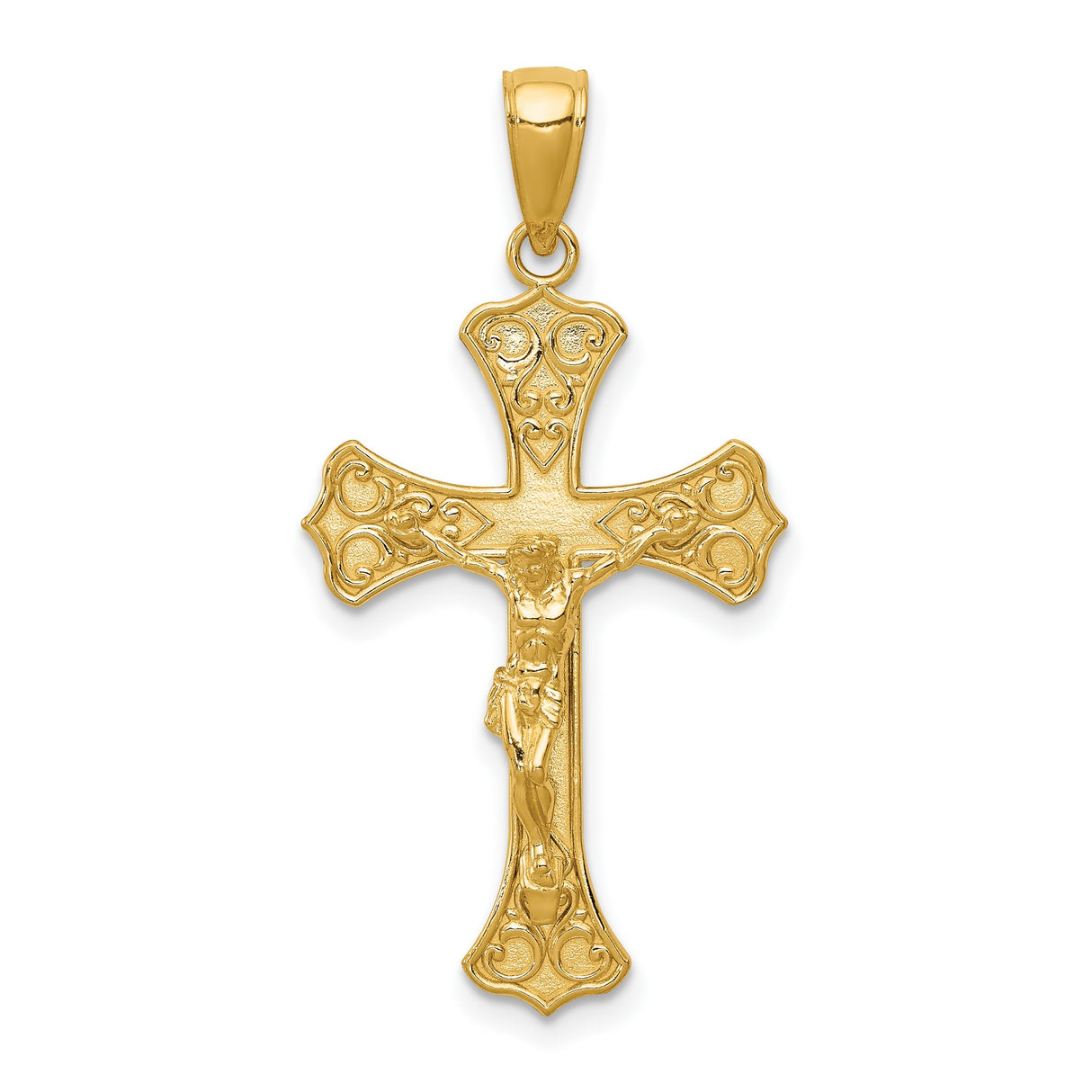 10k Yellow Gold Crucifix Pendant with Detailed Christ Figure and Filigree Design