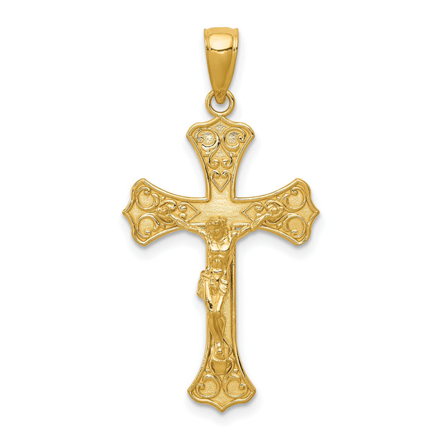 10k Yellow Gold Crucifix Pendant with Detailed Christ Figure and Filigree Design