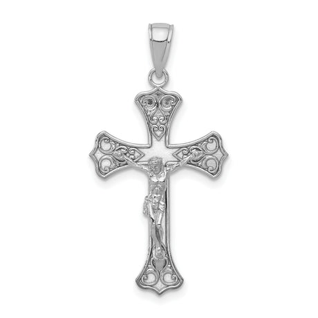 10k White Gold Crucifix Cross Pendant with Sculpted Jesus Figure, Filigree Design