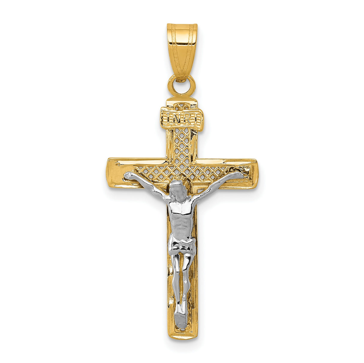 Diamond-Cut Medium Block Lattice Cross with Crucifix Charm Pendant in Real 10k Multi-Tone Gold