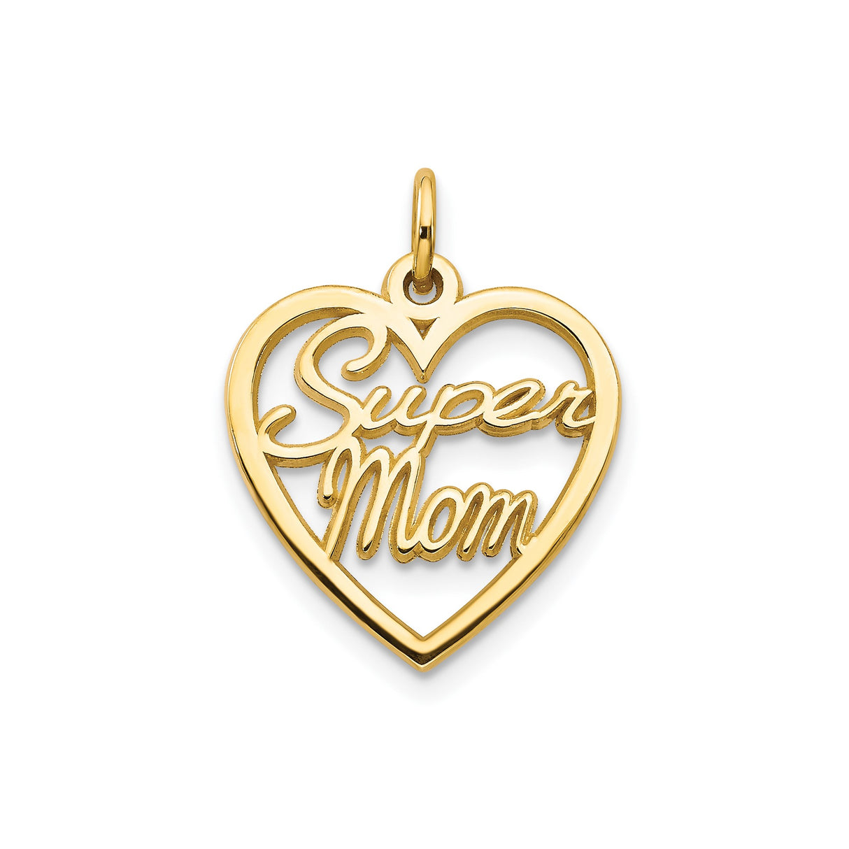 10k Yellow Gold Heart Pendant with Super Mom Script, Sentimental Mothers Jewelry Charm