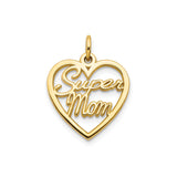 10k Yellow Gold Heart Pendant with Super Mom Script, Sentimental Mothers Jewelry Charm