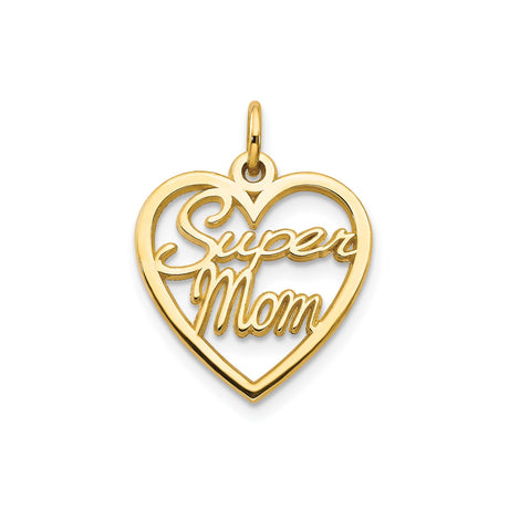 10k Yellow Gold Heart Pendant with Super Mom Script, Sentimental Mothers Jewelry Charm