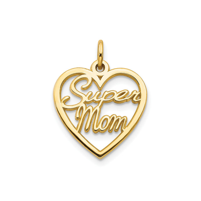 10k Yellow Gold Heart Pendant with Super Mom Script, Sentimental Mothers Jewelry Charm