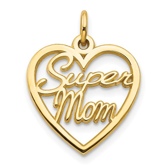 10k Yellow Gold Heart Pendant with Super Mom Script, Sentimental Mothers Jewelry Charm