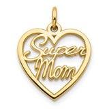 10k Yellow Gold Heart Pendant with Super Mom Script, Sentimental Mothers Jewelry Charm
