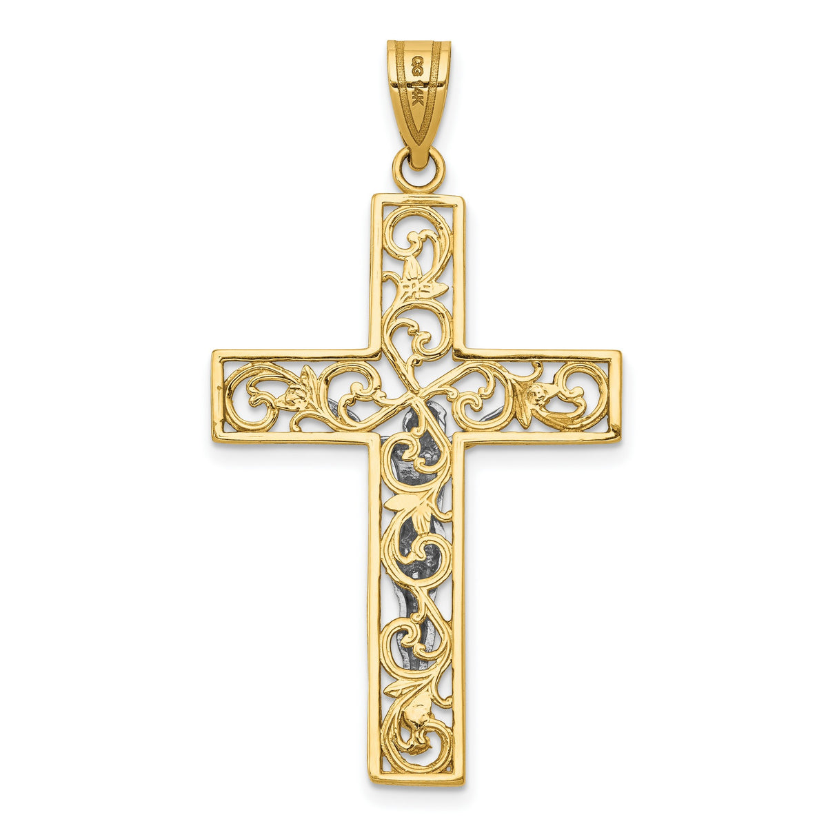 Diamond-Cut Large Block Filigree Cross with Crucifix Charm Pendant in Real 10k Multi-Tone Gold