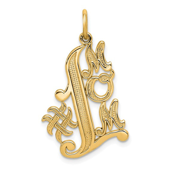 10k Yellow Gold Mom Pendant with Stylized Cross Design and Ornate Lettering