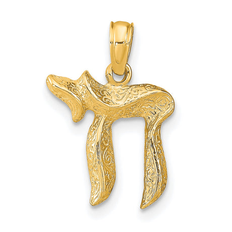 10k Yellow Gold Chai Pendant with Ornate Detailing, Hebrew Life Symbol Jewelry