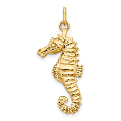 10k Yellow Gold Seahorse Pendant, Solid Nautical Charm with Flat Back for Women or Unisex Wear
