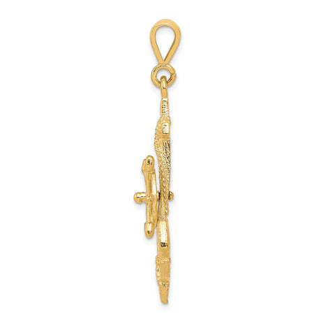 10k Yellow Gold Anchor Cross Pendant with Ship Wheel, Christian Nautical Jewelry for Men