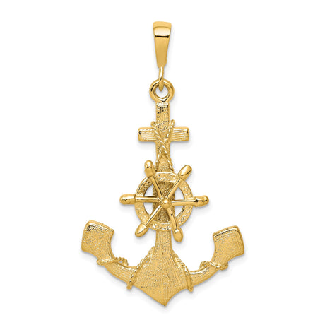 10k Yellow Gold Anchor Cross Pendant with Ship Wheel, Christian Nautical Jewelry for Men