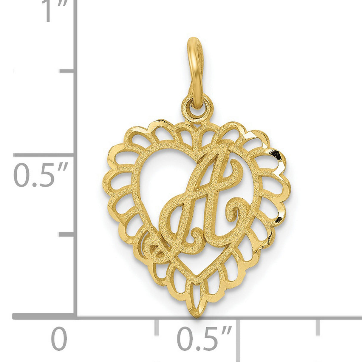 10k Yellow Gold Heart Pendant with Script Letter A, Scalloped Edge Design