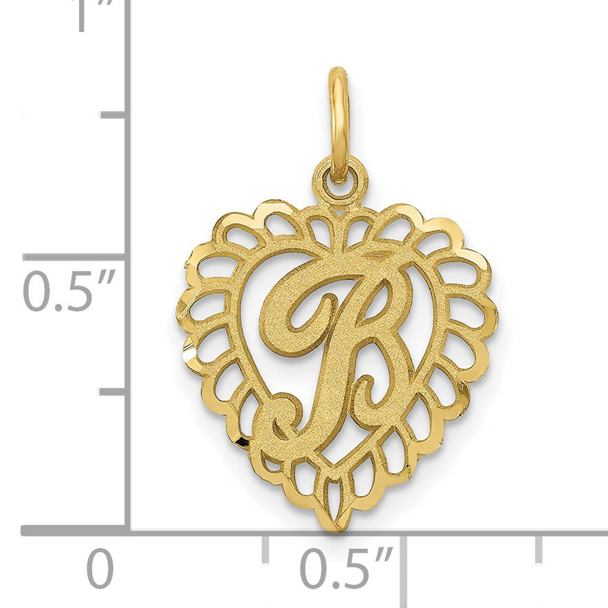 10k Yellow Gold Heart Pendant with Scripted Letter R, Ornate Openwork Design