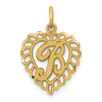10k Yellow Gold Heart Pendant with Scripted Letter R, Ornate Openwork Design
