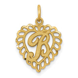 10k Yellow Gold Heart Pendant with Scripted Letter R, Ornate Openwork Design