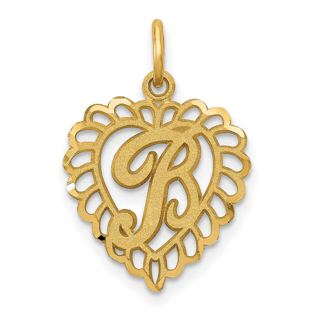10k Yellow Gold Heart Pendant with Scripted Letter R, Ornate Openwork Design