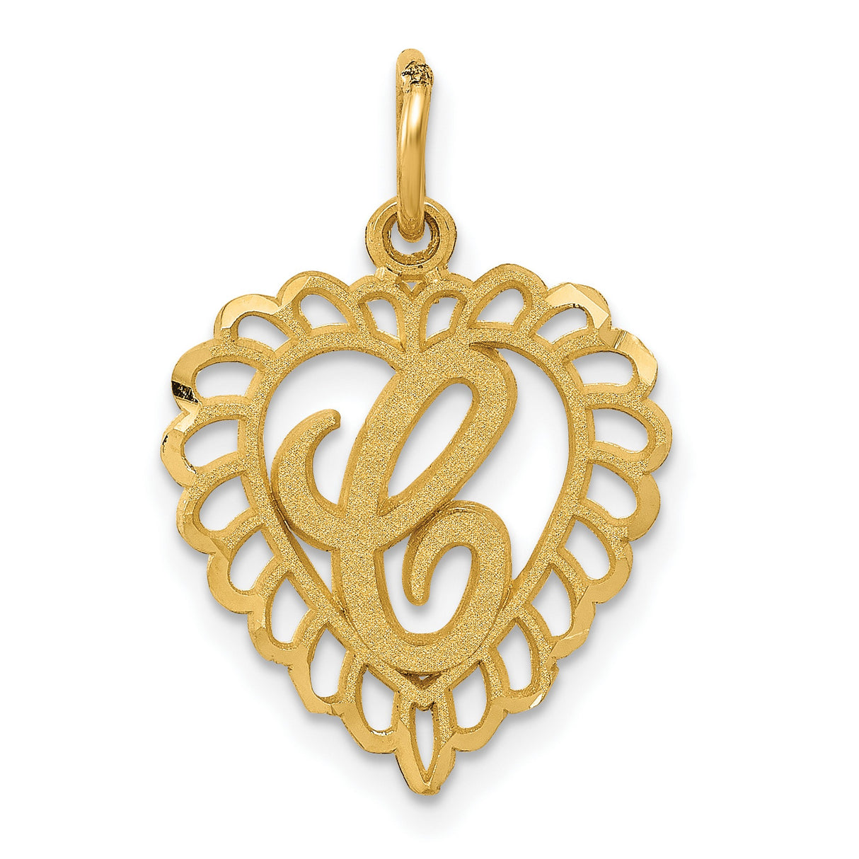10k Yellow Gold Heart Pendant with Script Letter L and Scalloped Border Design