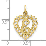 10k Yellow Gold Heart Pendant with Script Letter E and Scalloped Edge Design