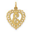 10k Yellow Gold Heart Pendant with Script Letter E and Scalloped Edge Design