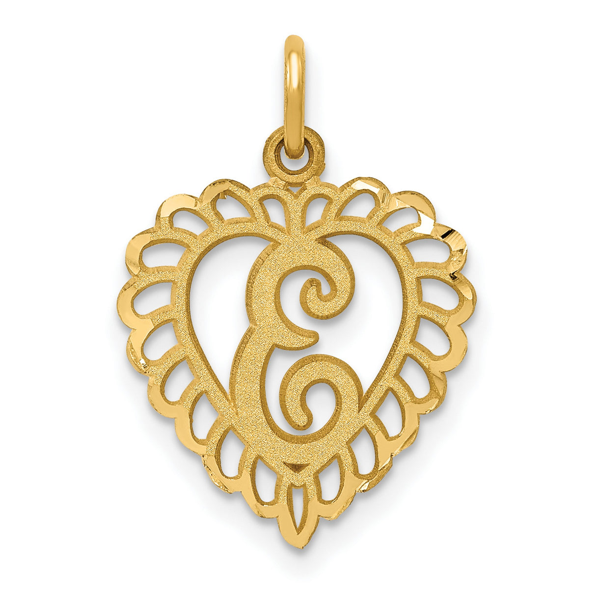 10k Yellow Gold Heart Pendant with Script Letter E and Scalloped Edge Design
