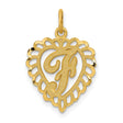 10k Yellow Gold Heart Pendant with Script Letter J, Filigree Initial Charm